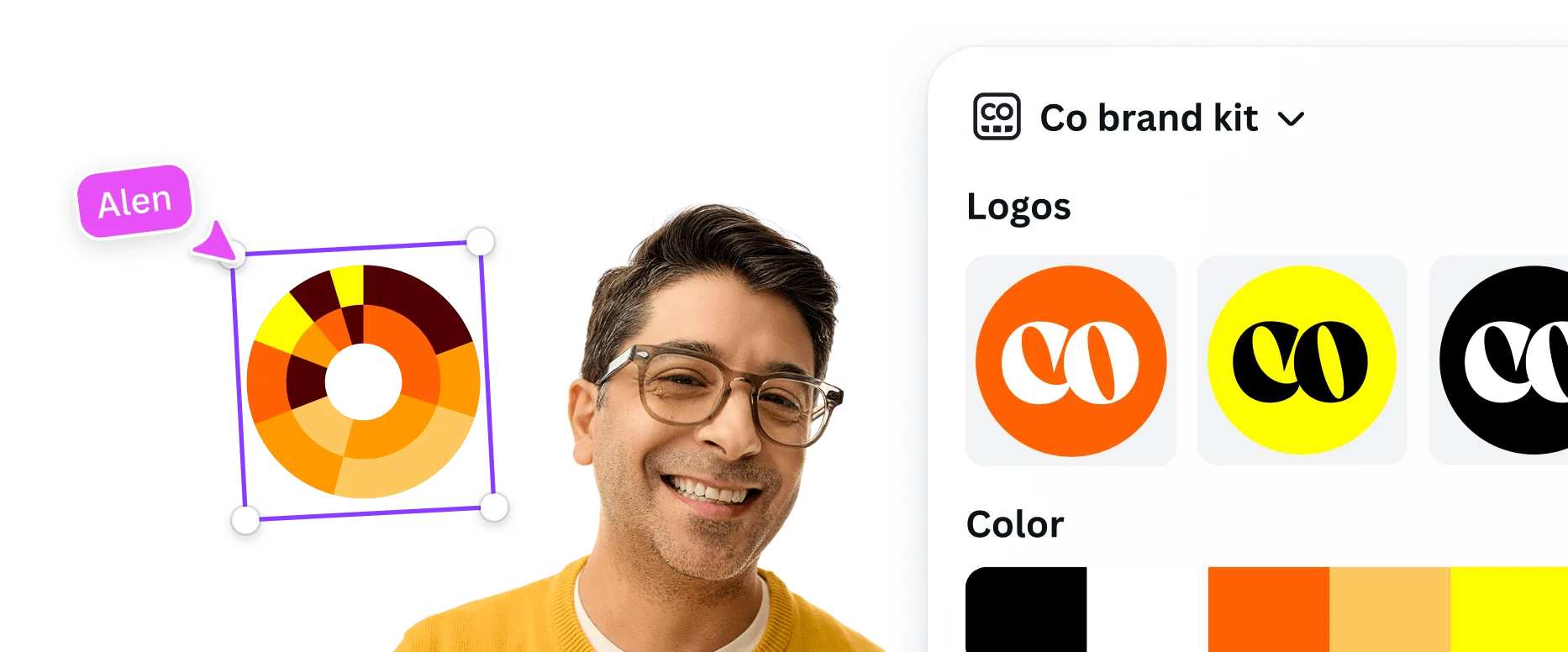Man customizing a circular graphic to match his brand colors, with a brand kit panel showing logos and color options.