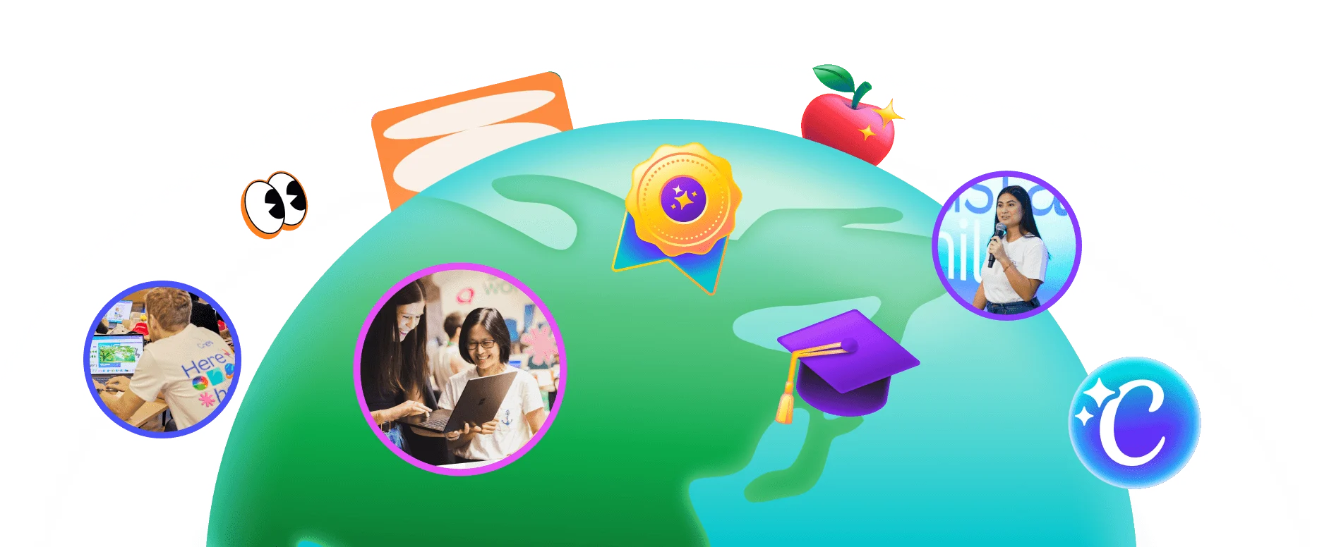 Illustration of a globe surrounded by colourful education and creativity icons, with circular photos of people learning, collaborating, and presenting.