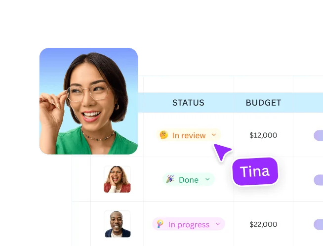Woman updating a task status to In review, on a project spreadsheet with team avatars and budget columns.