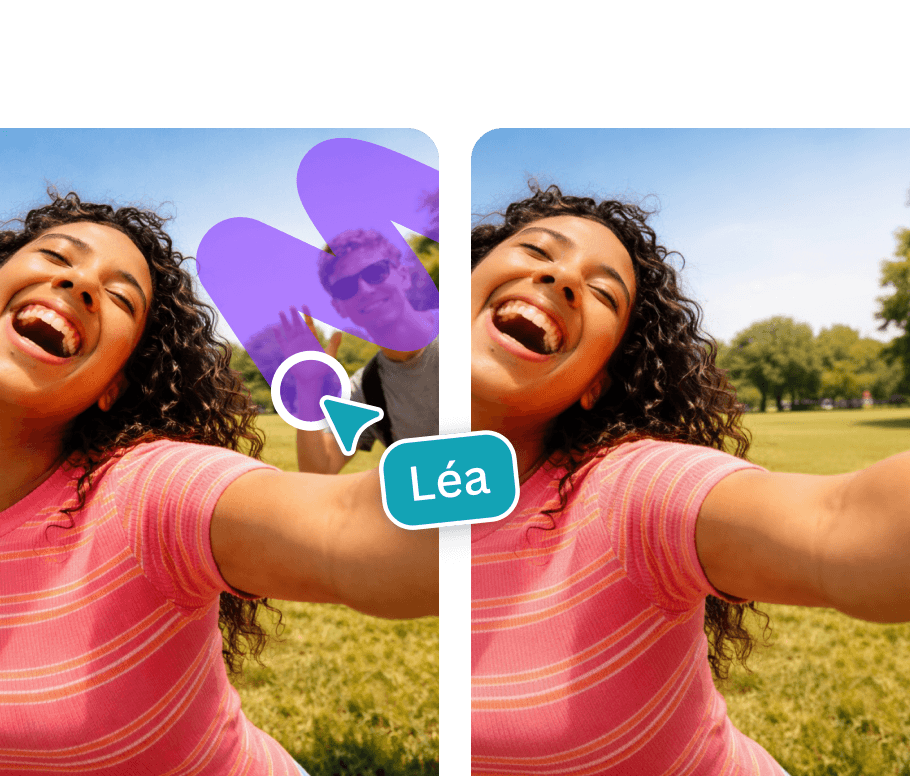 A side-by-side example of a photo where a person in the background is highlighted and then seamlessly removed.