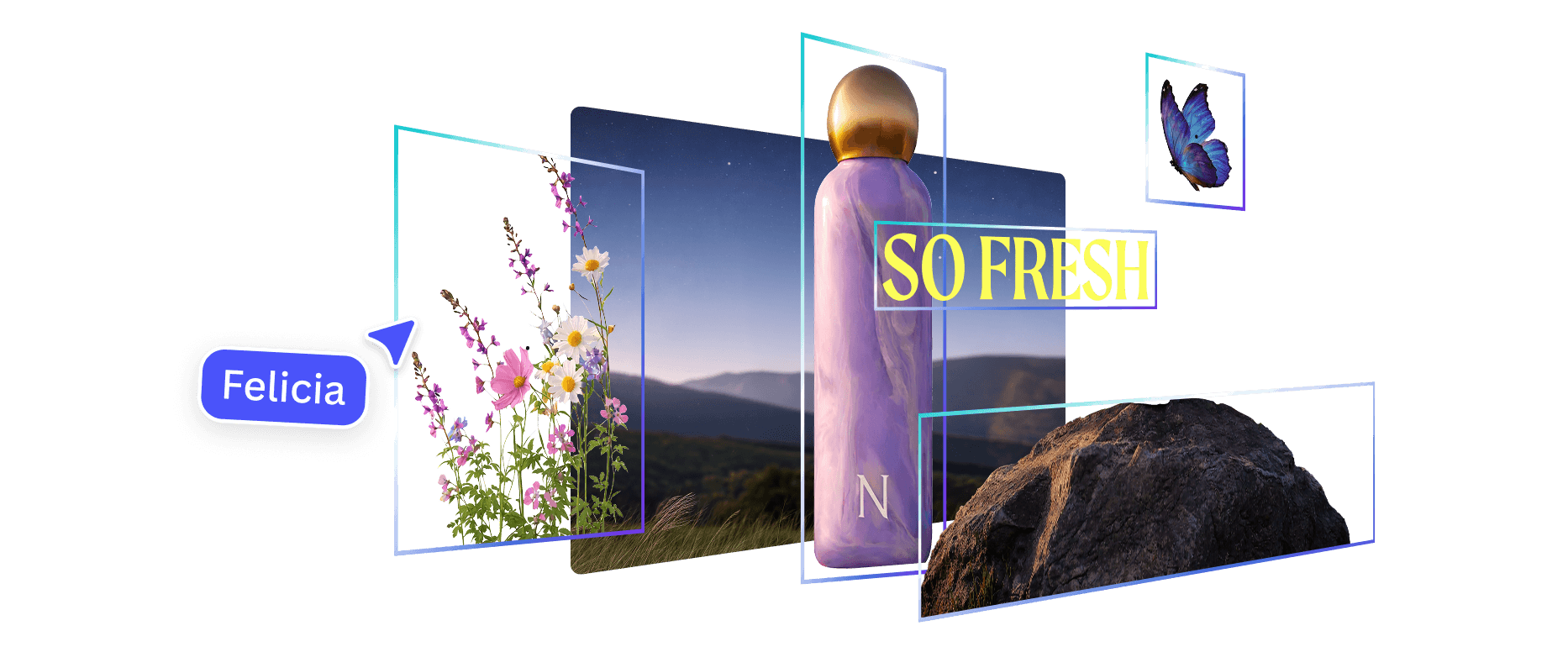 A visual demonstration of an image separated into distinct layers including a bottle, flowers, and mountain background.