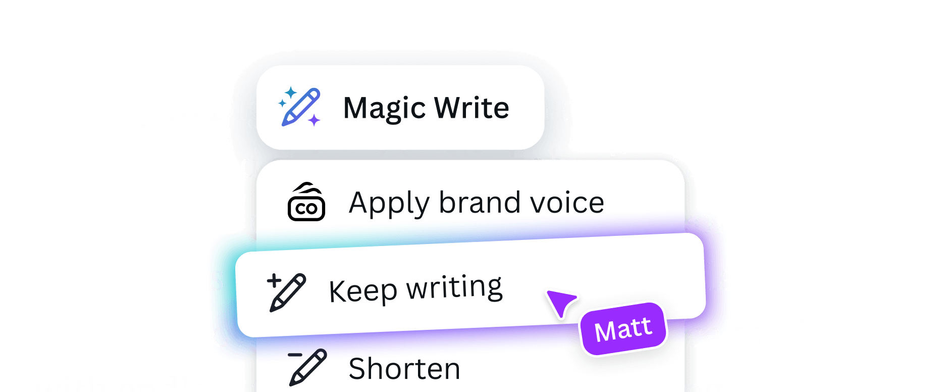 Magic Write menu showing writing options like Apply brand voice, Keep writing, and Shorten over blurred document text. A user's cursor is hovering over an option