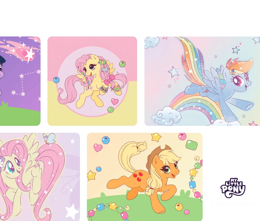 Collage of colorful My Little Pony character illustrations