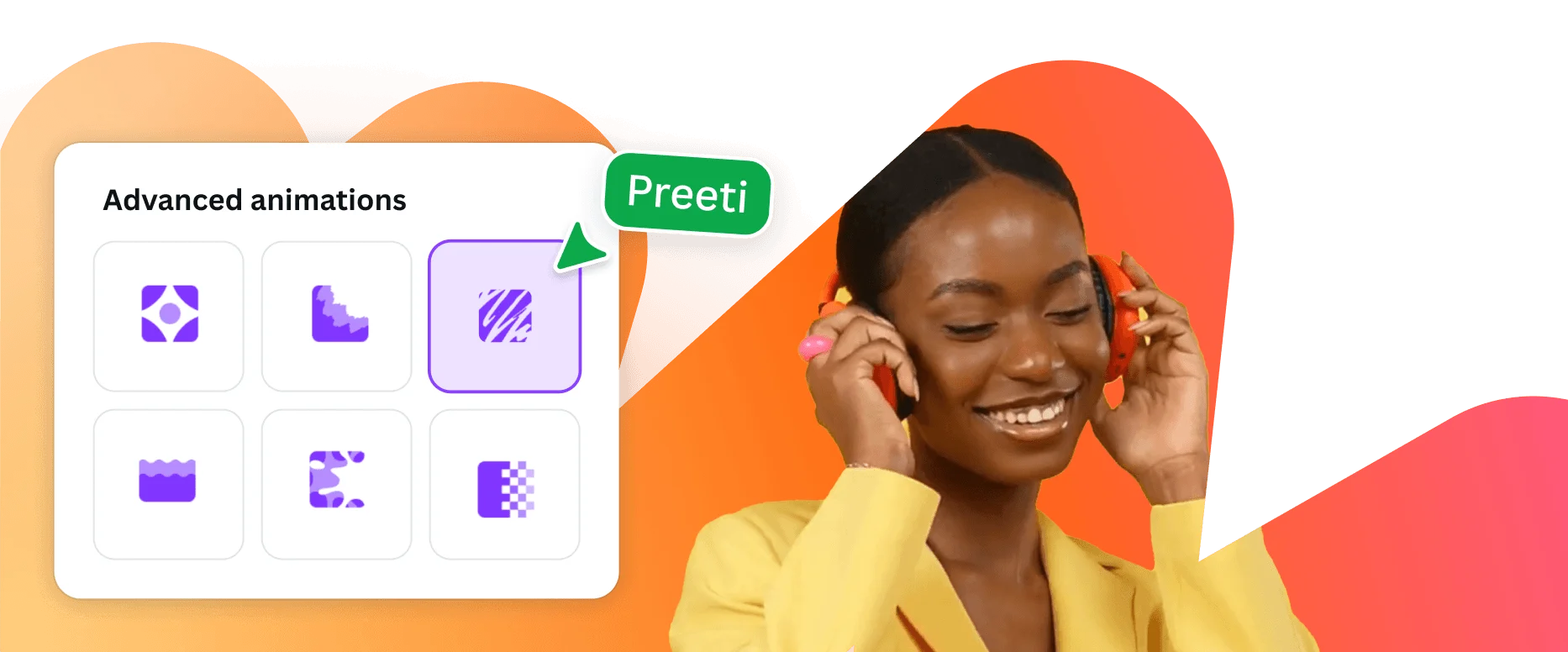 An interface showing an "Advanced animations" menu being used to apply effects to a photo of a woman wearing headphones.