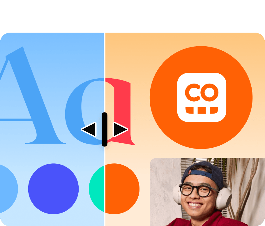 Split view showing brand kit: fonts and color swatches on the left, brand logo and a smiling person on the right.