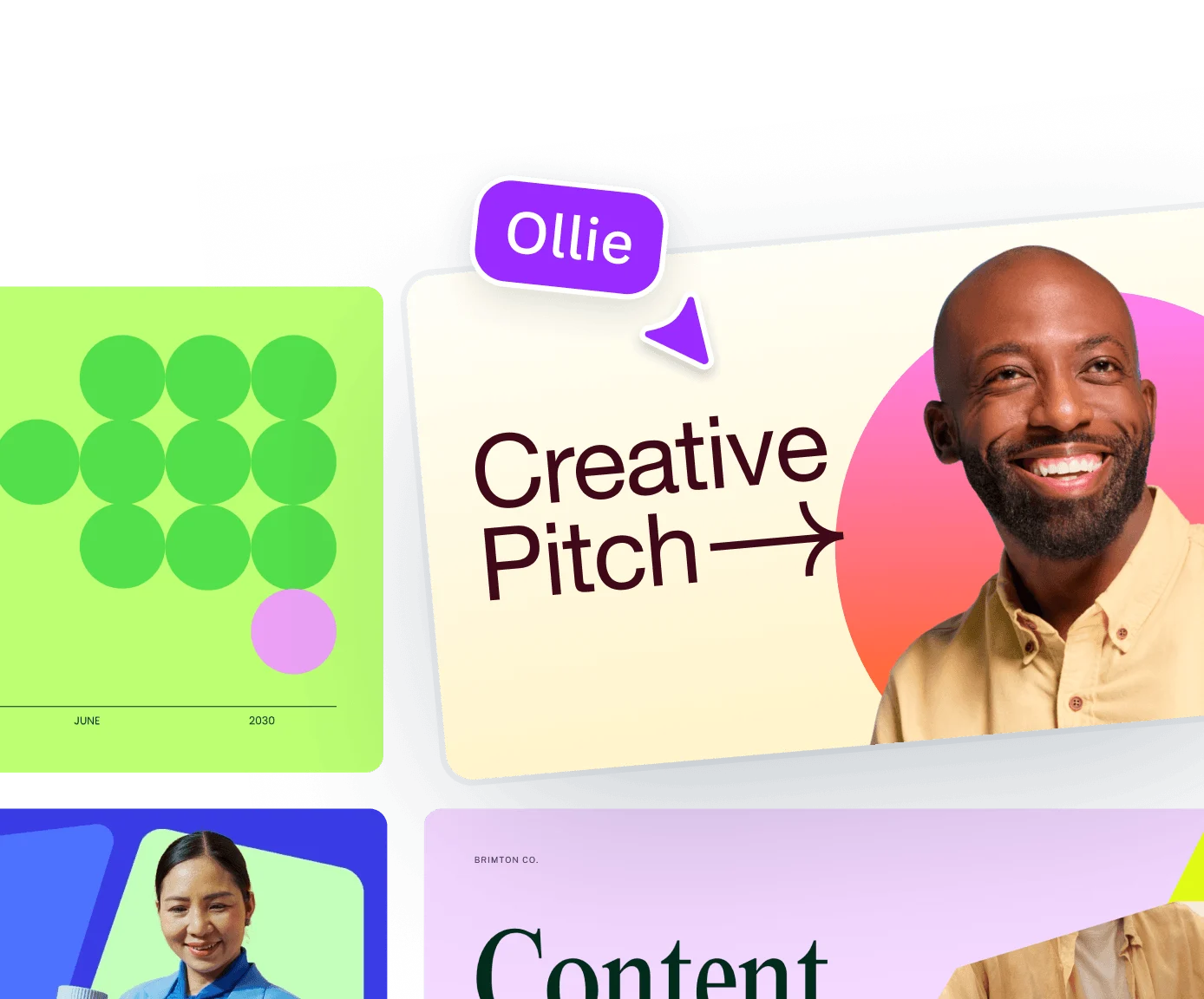 A grid of Presentation templates. The main Presentation slide contains title text 'Creative Pitch' with a smiling man