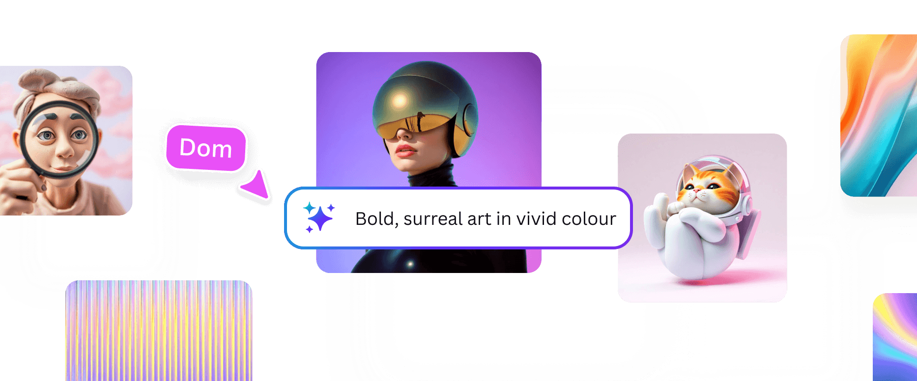 AI-generated artwork preview with style description ‘Bold, surreal art in vivid colour’, showing image variations and a selected design.