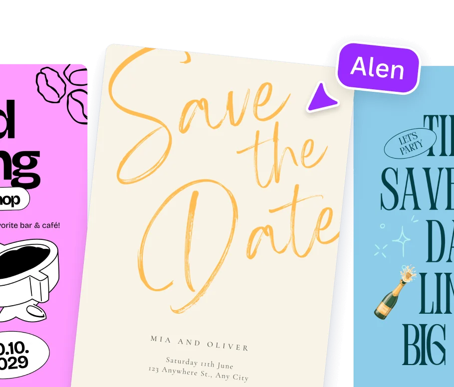 Invitation templates displayed side by side, including a ‘Save the Date’ card and event designs, with a user label pointing to a selected template.