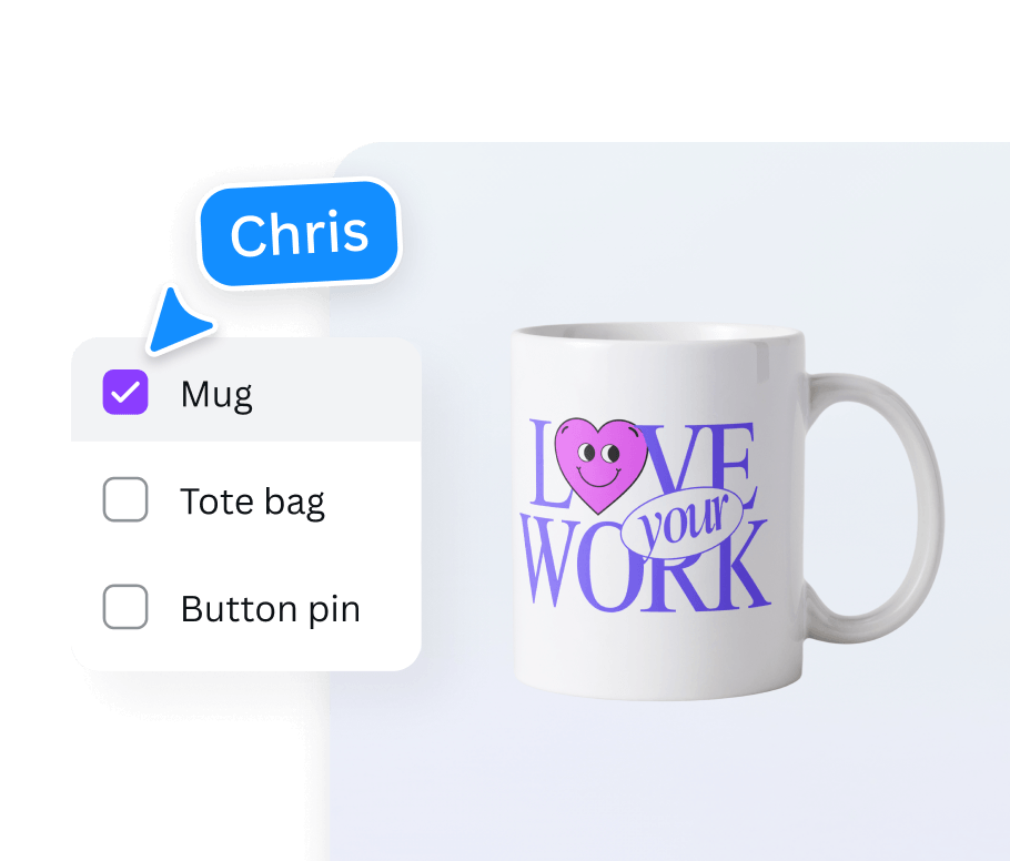 Product preview showing a design applied to a mug, with selectable product options.