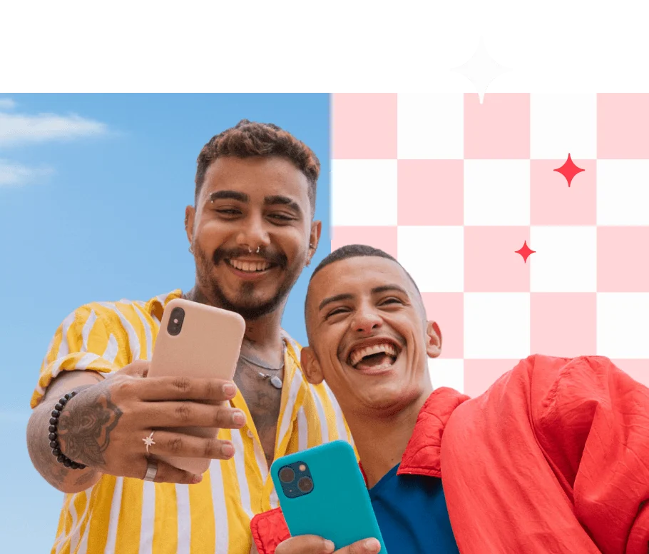 A split-screen comparison showing two men taking a selfie with the original background removed and replaced by a pink-and-white checkered pattern.