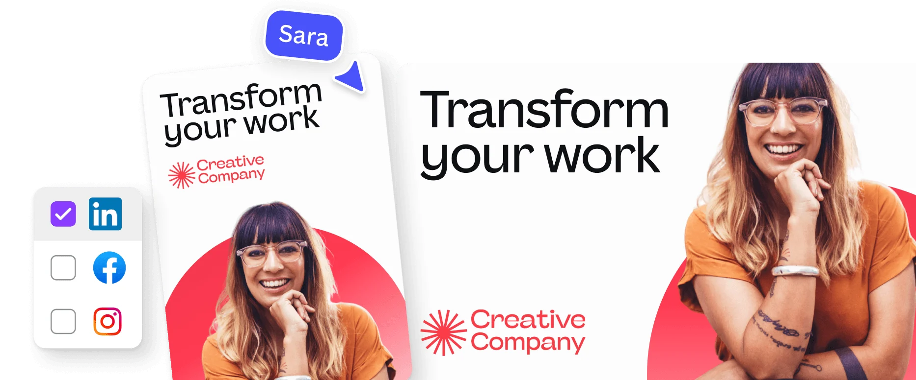 Design preview adapted for different sizes and multiple social platforms, with platform icons indicating where the design will be resized and shared.