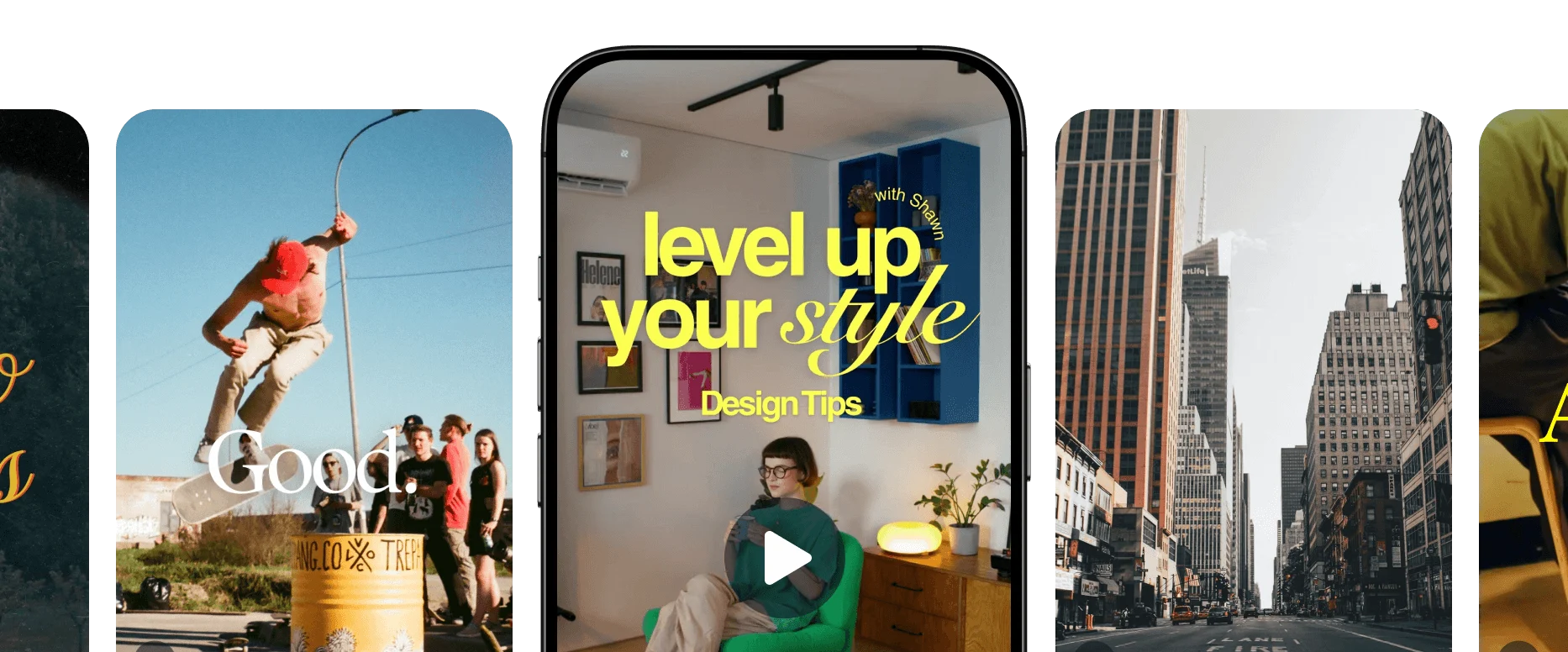 Selection of social media video templates displayed, including a central video preview with text overlay 'level up your style'.