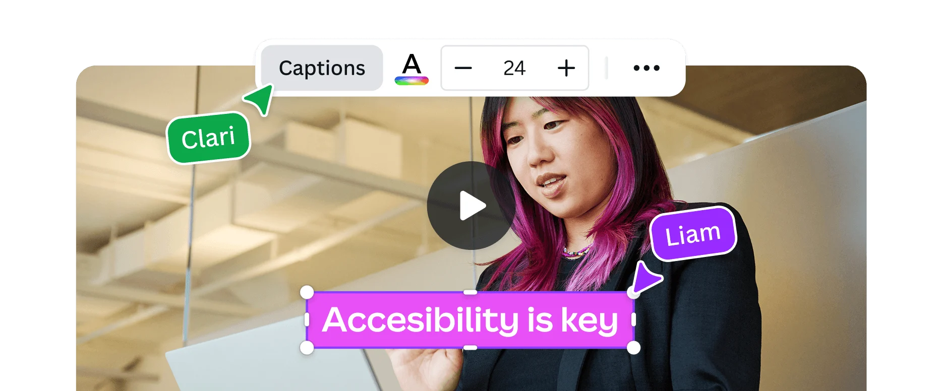 A video editor interface showing collaborative cursors adding a caption that reads "Accessibility is key!" over a video clip.