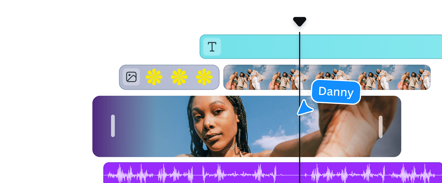 Canva video editor timeline showing a video clip, layered text and effects tracks, and an audio waveform, with a collaborator cursor.