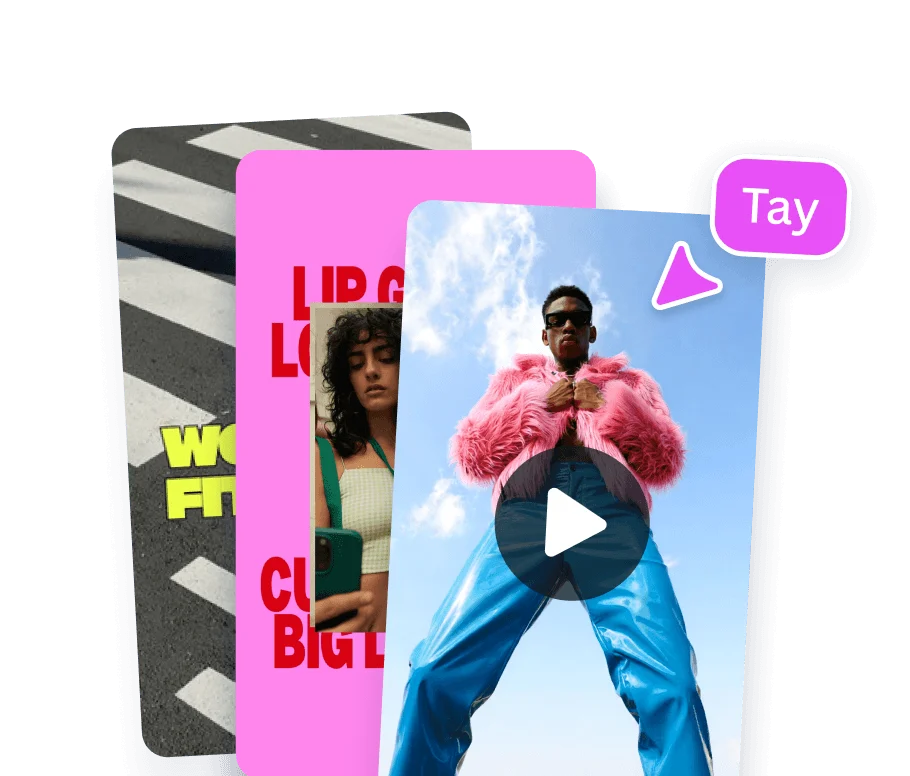 Multiple social media video template thumbnails o fashion and lifestyle content, with a collaborator cursor.